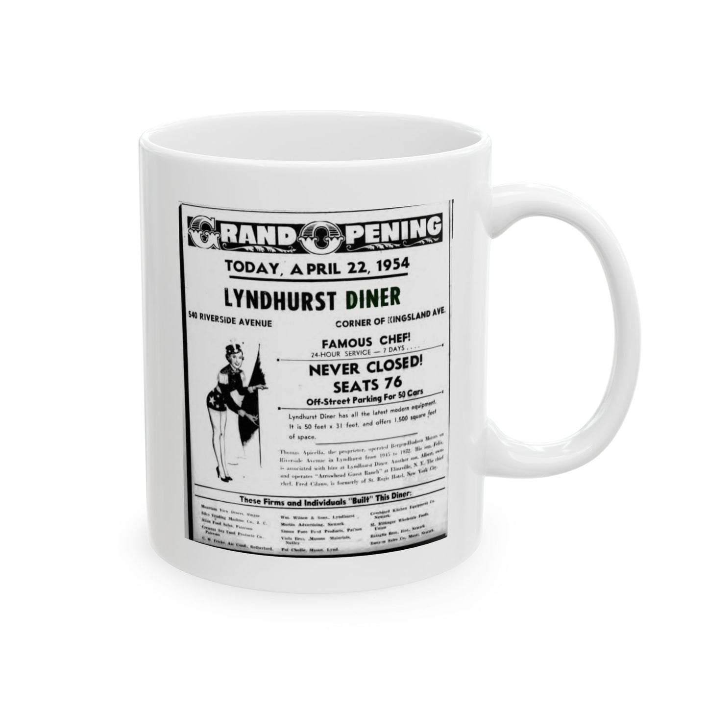 Lyndhurst Diner Grand Opening Mug with newspaper announcement from 1954
