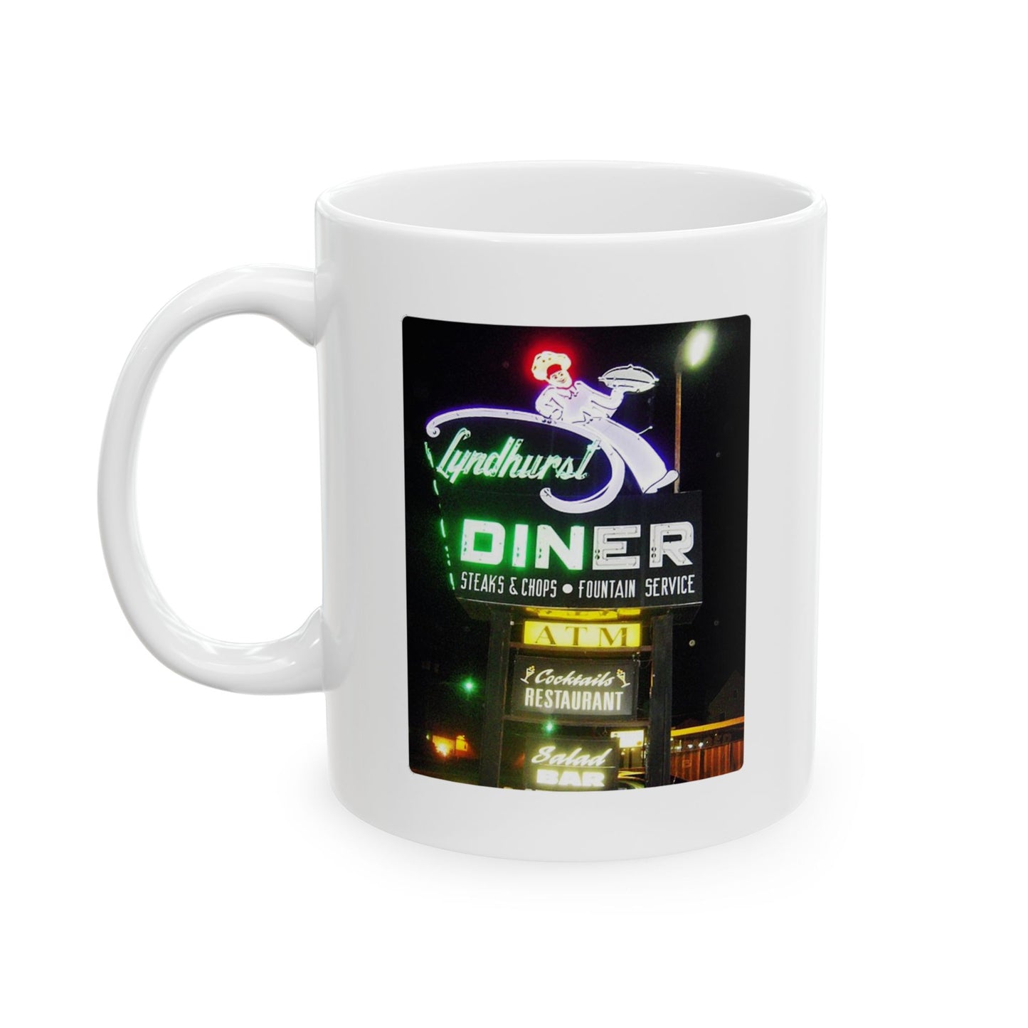 Lyndhurst Diner Grand Opening Mug with newspaper announcement from 1954